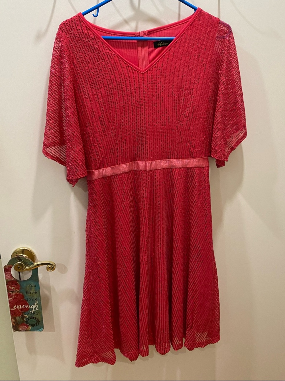 Fuchsia V-Neck Dress with Satin Waistband